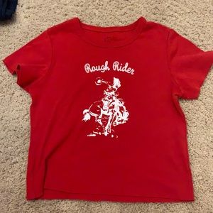 Red “rough rider” crop tee
